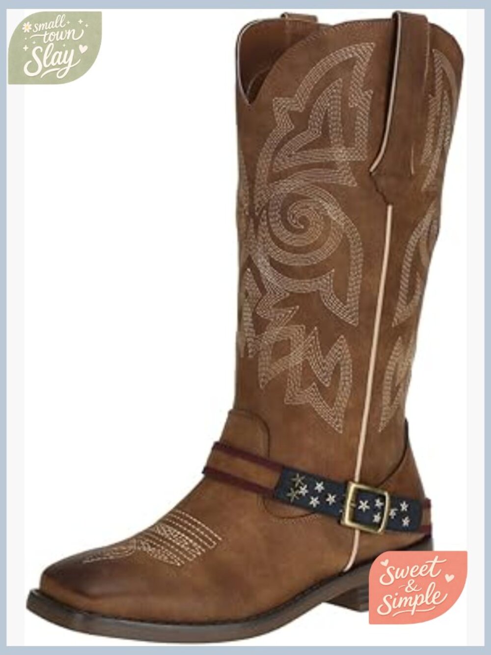 Western Cowgirl Boots Mid Calf Square Toe Faux Leather Pull On